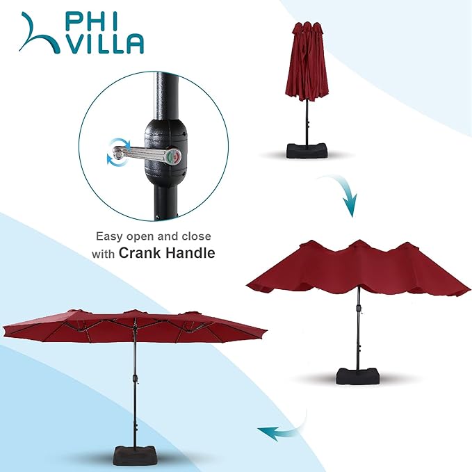 PHI VILLA 15ft Large Patio Umbrella Double-Sided Outdoor Market Pool Umbrellas with Crank, Umbrella Base (Stand) Included(Dark Red)