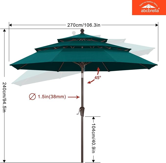 ABCCANOPY 5-Year 10-Year No Fading 9FT 3 Tiers Patio Umbrella, Outdoor Table Umbrella with 8 Sturdy Ribs for Deck, Backyard, Garden, Yard