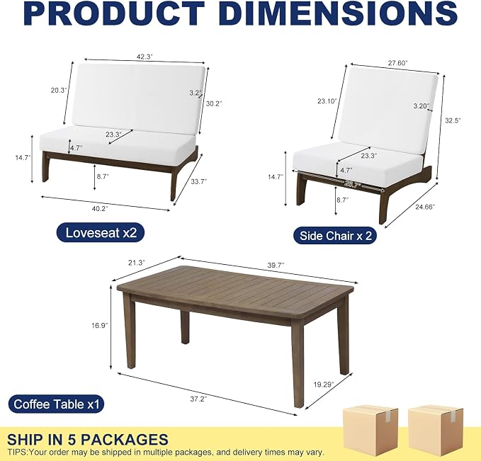 Pia Ricoo 4 Piece Patio Furniture Sets, Outdoor Furniture with 2 Chairs & Coffee Table, Patio Conversation Set for Backyard, Deck, Lawn, Beige