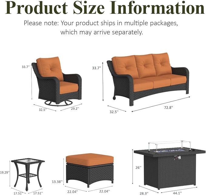 LayinSun 8 Piece Wicker Outdoor Furniture Set with 6-inch Comfy Cushions, High Back Patio Furniture Set with Swivel Rocking Chairs and Fire Pit Table