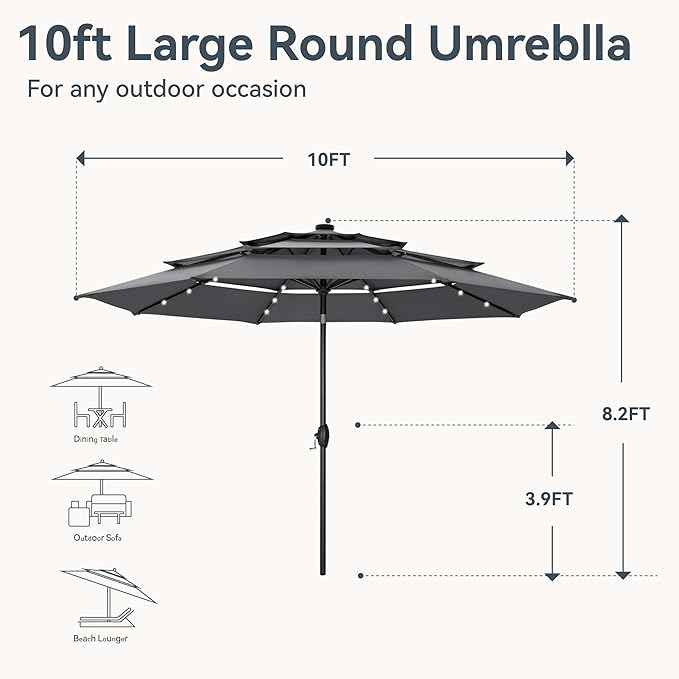GREEN PARTY 10ft Patio Umbrella with Solar Lights, Auto-Tilt Lighted Market Table Umbrellas with Crank, 8 Sturdy Ribs & 1.5" Pole outdoor umbrellas for Patio Garden Deck Backyard Pool, Grey