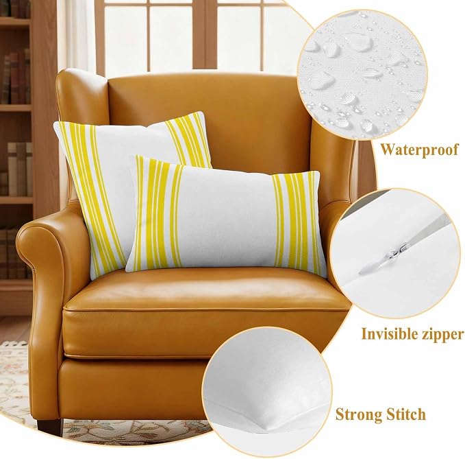 Outdoor Waterproof Throw Pillow Covers Set of 2 Yellow Stripes Lumbar Pillowcases 20x12 Inches White Vertical Striped Decorative Pillows Cushion Case Patio Pillows for Couch Bed Chair Garden