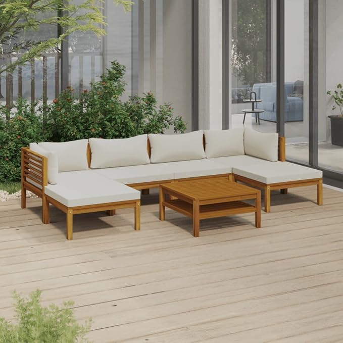 7 Piece Patio Lounge Set,Outdoor Garden Conversation Set,Patio Outdoor Set Suitable Suitable for Patio,Deck,Balcony,Garden with Cream Cushion Solid Acacia Wood