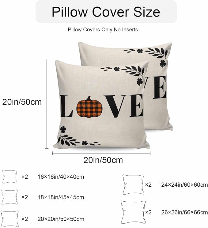 Orange Pumpkin Outdoor Waterproof Pillow Covers, Fall Leaves Love Heart Beige Pastoral Decorative Square Throw Pillowcase Sofa Cushion Sham for Patio/Couch/Chair, 26"x26" 2 Pack