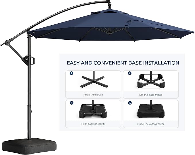 HOMSHADE 10ft Offset Patio Umbrella - w/Base, Cantilever Offset Hanging Patio Outdoor Market Umbrella UPF50+ UV Protection with Easy Tilt and Crank for Pool Deck and Garden(Navy Blue)