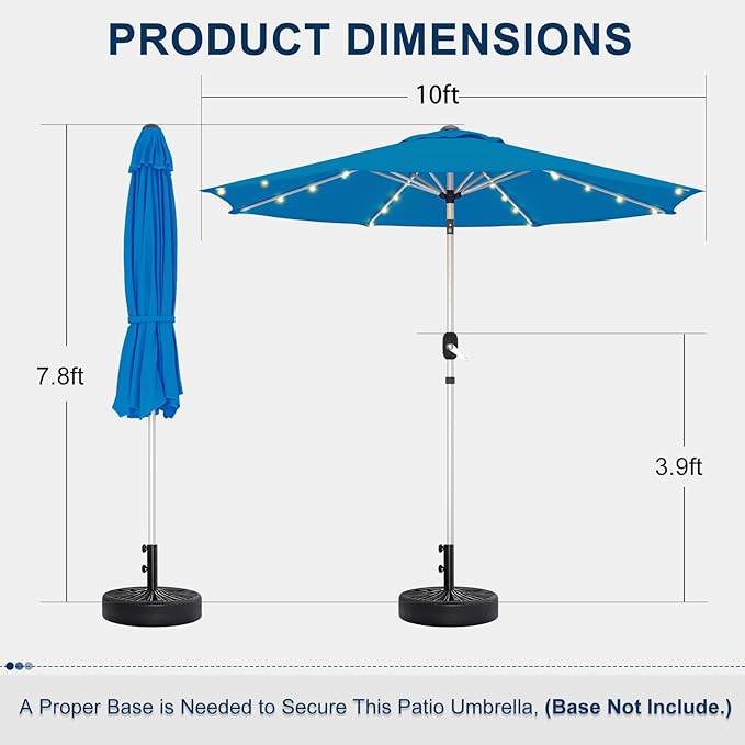 10FT 40-LED Solar Lighted Aluminum Patio Umbrella, Fade-Resistant Outdoor Market Table Umbrella with Push Button Tilt Function, 8 Sturdy All-Aluminum Ribs for Gardens, Decks, Backyards & Pools