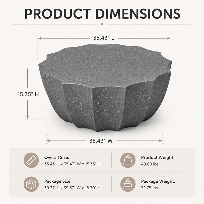 35.43" Concrete OutdoorTable,Modern Round Outdoor Coffee Table,Waterproof Stone Coffee Table for Patio for Terraces, Gardens, Backyards and Living Rooms (Grey, 35.43")