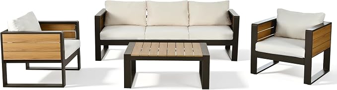 JIVOIT 4-Piece Outdoor Patio Furniture Set for 5 Person, Large Aluminum Frame Conversation Set with 3-Seater Sofa, 2 Armchairs with Fold-Out Side Tables, Modern Garden/Patio Seating, All-Weather Use