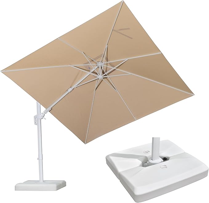 PURPLE LEAF 9' X 12' Right-left Tilt White Cantilever Umbrella with Base Patio Outdoor Swivel Umbrellas with Aluminum Tilt Offset Umbrella with 360° Rotation for Deck Pool, Beige