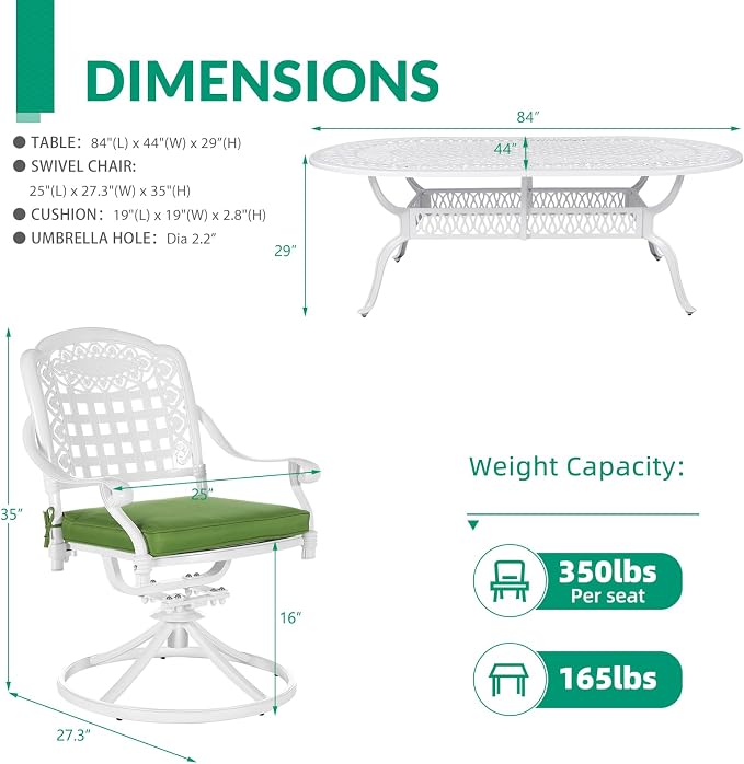 VIVIJASON 9-Piece Outdoor Patio Furniture Dining Set, All-Weather Cast Aluminum Conversation Set, Include 8 Swivel Rocker Dining Chairs and an Oval Table with Umbrella Hole, White/Green Cushion