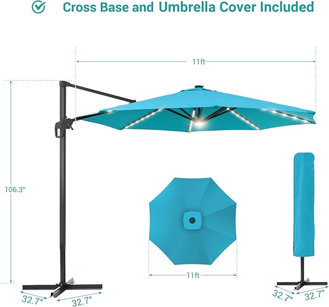 FLAME&SHADE 11 ft Cantilever Offset Patio Umbrella, Large Heavy Duty Outdoor Patio Umbrella Aluminum 360° Rotation Round Outdoor Umbrella for Deck,Pool,Backyard