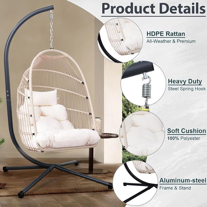 Foldable Hanging Egg Chair with Stand and Pillow, HDPE Rattan and Heavy Duty Aluminum-Steel Frame, Outdoor Patio Wicker Swing Egg Chair with Headrest and Cushioned, (Beige)