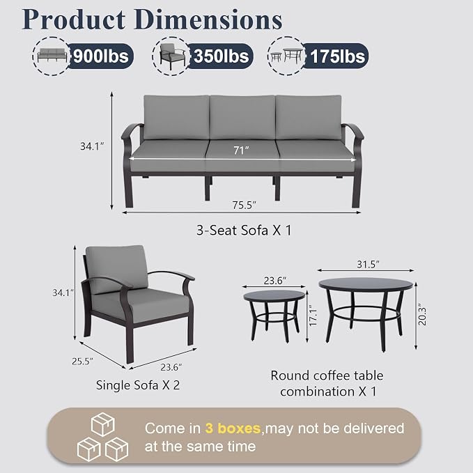 ALAULM Aluminum Patio Furniture Set with Round Coffee Tables, 5-seat Outdoor Sectional Furniture w/5.1" Cushions, Patio Conversation Set for Porch, Backyard, Poolside-Grey