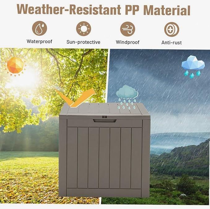 Light Brown 30-Gallon PP Woodgrain Deck Box Outdoor Storage Seat with Waterproof Lid, 22x17x21in for Patio