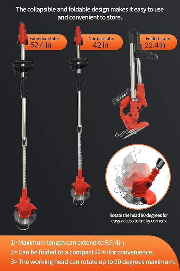 Cordless Grass Trimmer & Edger - Lightweight Foldable, 2 x 21V Batteries Included, Weed Trimmer, Red