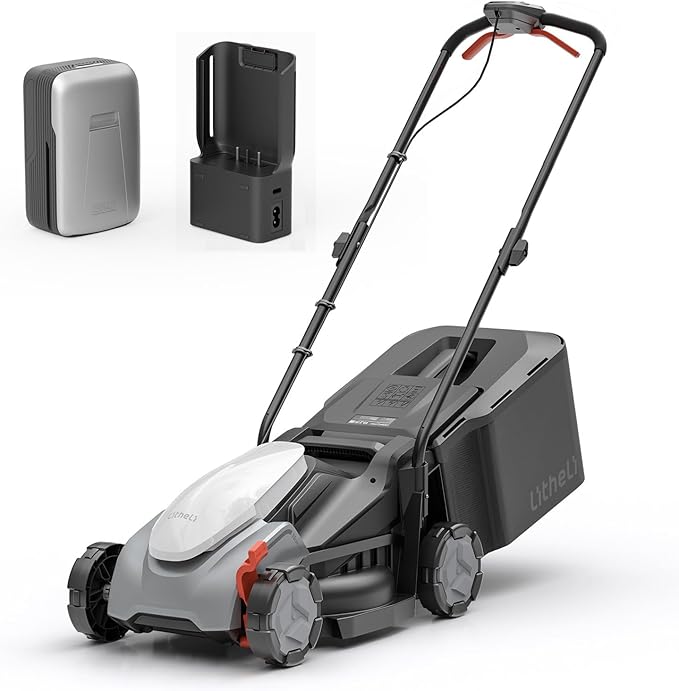 Litheli Lawn Mower Cordless 14 in, Grass Cutter Machine for 2800 Sq. Ft, Lawnmower with Brushless Motor, Cutting Height from 1 in to 2.5 in, Includes 1 * 5.0 Ah Battery and Charger