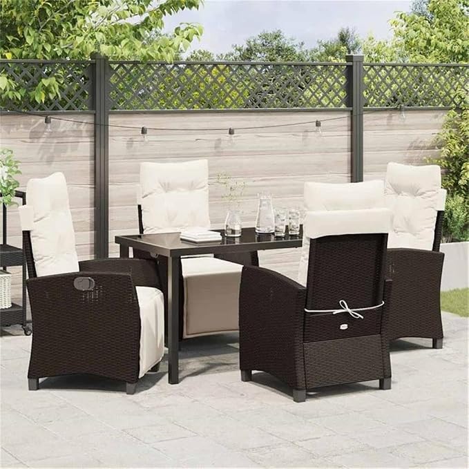 Afuera Living 5 Piece Poly Rattan Garden Dining Set, Brown Woven Texture, Cushioned Chairs, Glass-Topped Table, Steel Frame, Modern Patio Furniture for Outdoor Dining, Garden, Terrace, Summer Use