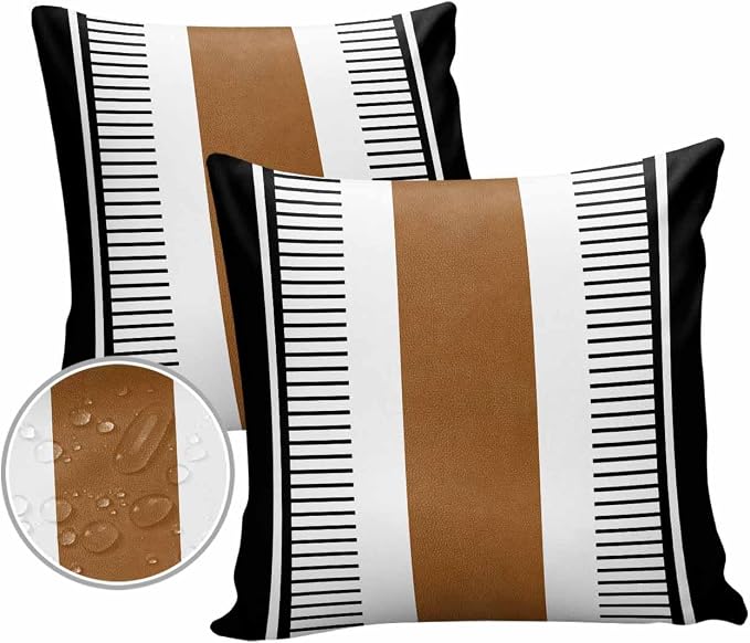 Outdoor Waterproof Throw Pillow Covers 24x24in, Farmhouse Cushions for Garden Patio Furniture Chairs Set of 2, Boho Black Brown Home Decor Couch Sofa Polyester Pillow Cases