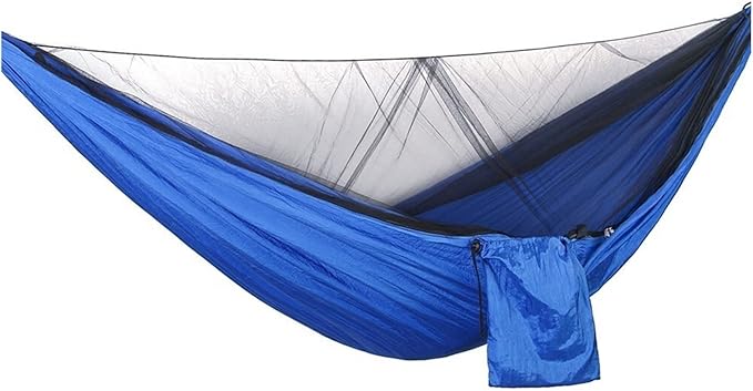 Hanging Chair Swing Double Net Hammock, Easy to Install, 290 * 140cm, with Wind Rope Nails, Portable Camping Travel Cake Hammock (Color : Blue black net)