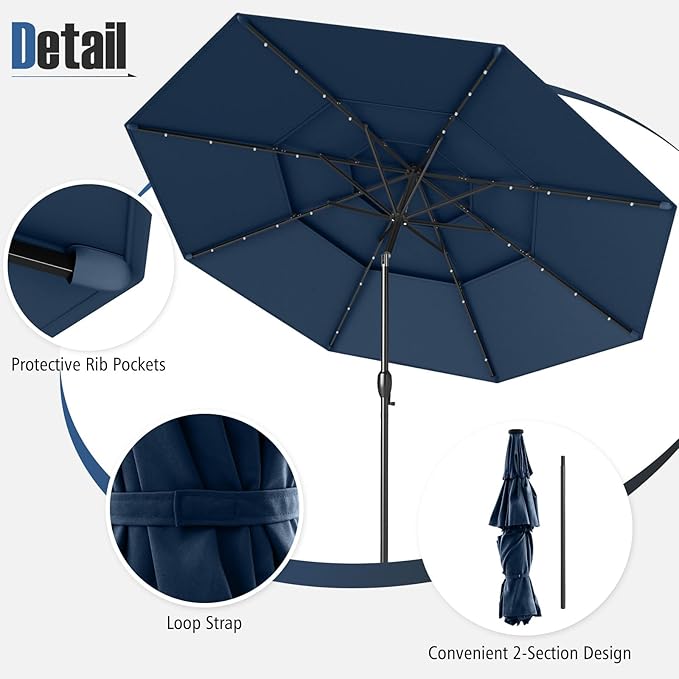 Tangkula 10 FT Solar LED Patio Umbrella, 3-Tier Vented Outdoor Market Table Umbrella with 32 LED Lights, Tilt Adjustment, Crank Handle, 8 Ribs for Backyard Pool Deck (Navy)