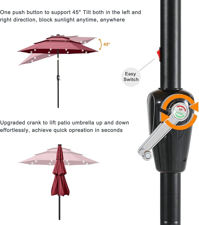 ABCCANOPY 3-Tiers 11FT Solar Patio Umbrella, Outdoor Umbrella with 32 LED Lights for for Deck, Pool, Garden, Backyard (Burgundy)
