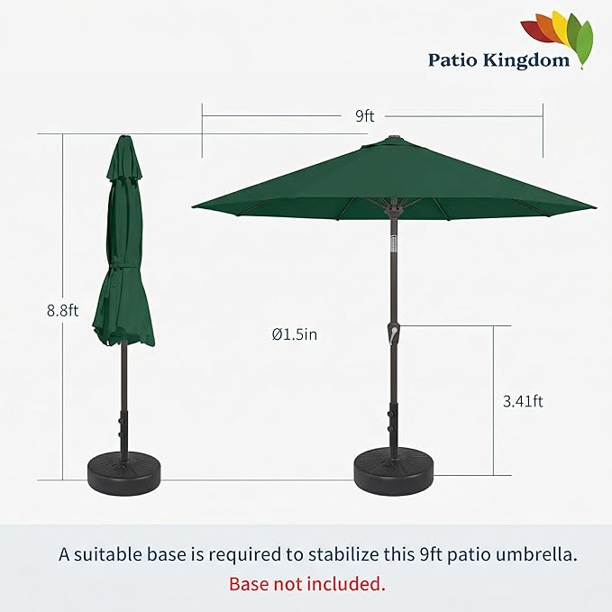9FT Patio Umbrella Outdoor Table Umbrella w/Push Button Tilt and Crank, 8 Sturdy Ribs, UV Resistant Waterproof Market Umbrella for Pool, Deck, Backyard, Garden, Forest Green