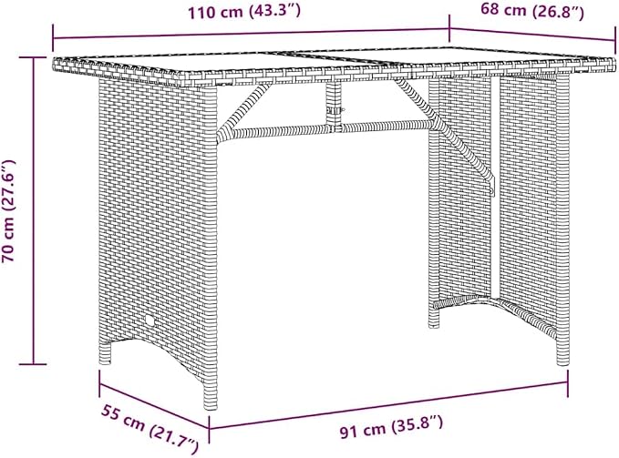 Beige PE Rattan Garden Table Powder-Coated Steel | Clear Tempered Glass Top, Seats 4, Easy Assembly, Lightweight for Patio