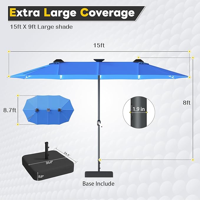 AECOJOY 15ft Double-Sided Patio Umbrella with Solar Lights, Outdoor Rectangle Market Large Patio Umbrella with Base Include|Crank Handle|156 PCS LED Lights for Garden Pool in Dark Blue(1.9" Pole)