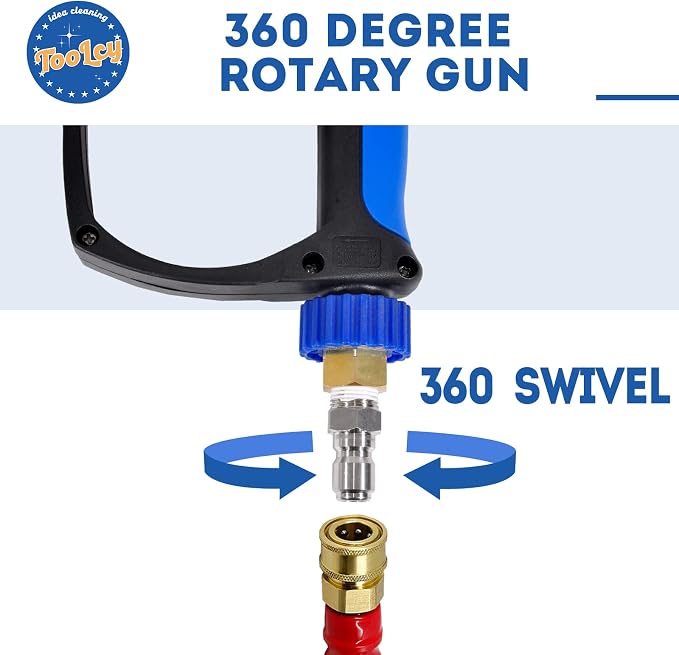 TOOLCY Short Pressure Washer Gun with Swivel, 3/8" QC Inlet and Stainless 1/4" Quick Connector, 5000 PSI, 10.5 GPM, Stubby High Pressure Gun, Solid Brass M22 14mm & 15mm Fitting and 5 Nozzle Tips