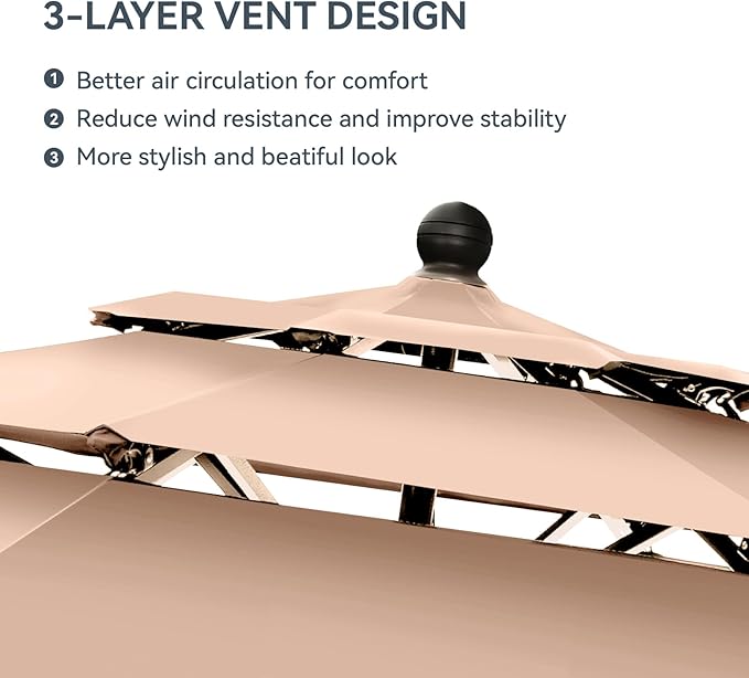 GREEN PARTY 10ft Outdoor Patio Umbrella, [Auto-Tilting] 3 Tiers Market Table Umbrellas with 1.5" Pole, 8 Sturdy Ribs, 3-Year-Non-Fading for Garden Deck Pool Backyard, Beige