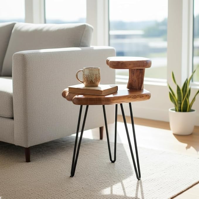Double-Deck Cedar Solid Wood Coffee Table 16" x 16" x 26" H Natural Shape Accent Vintage Outdoor Side Tables Rustic Plant Stand Couch Live Edge End Tables for Living Room Sofa Patio Bedroom