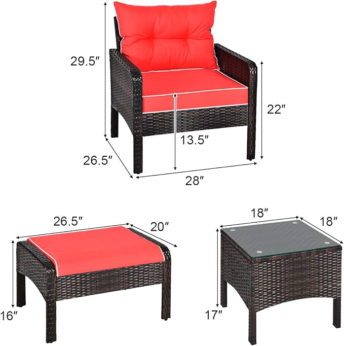 COSTWAY 5 PCS Patio Rattan Furniture Set, Outdoor Cushioned Sofa with Ottomans and Coffee Table, Wicker Conversation Set for Backyard Porch Lawn Poolsid, Red