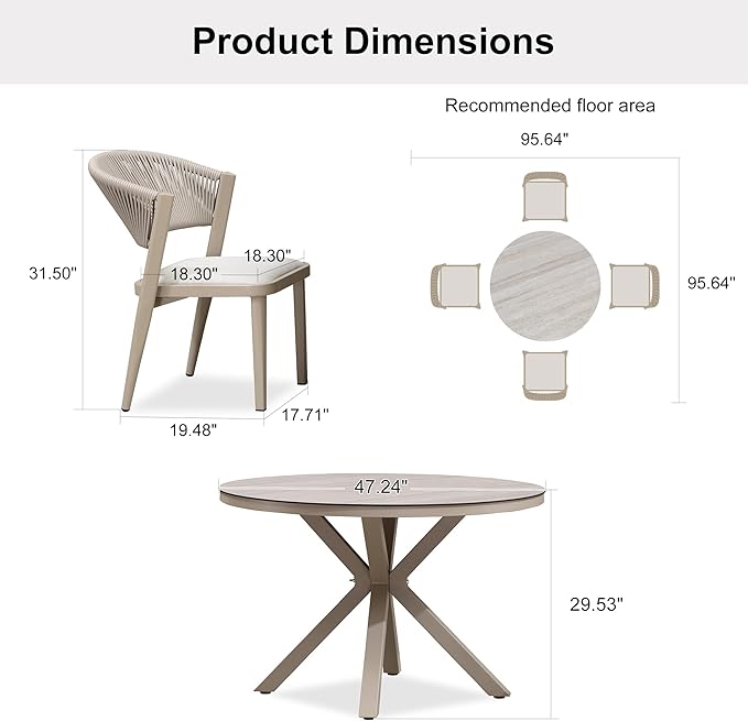 PURPLE LEAF 5 Pieces Oversized Round Dining Set Aluminum Frame and Wicker Rattan Patio Table and Chairs with Cushions for Garden Deck Outdoor Champagne