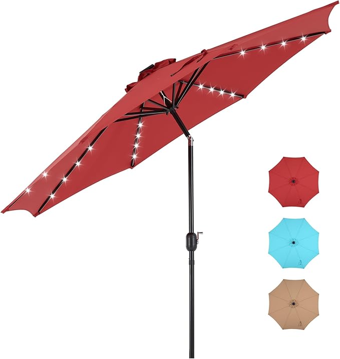 DUMOS LED Outdoor Patio Umbrella 10 FT UV-Resistant Market Umbrella with Tilt Adjustment & Crank Lift, All-Weather Shade for Backyard, Deck, Garden, Beach