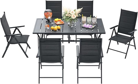 BUPPLEE 7-Piece Outdoor Dining Set with 6 Padded Aluminum Foldable Chairs & Rectangular Table with Umbrella Hole - Patio Furniture for Backyard, Balcony, Poolside