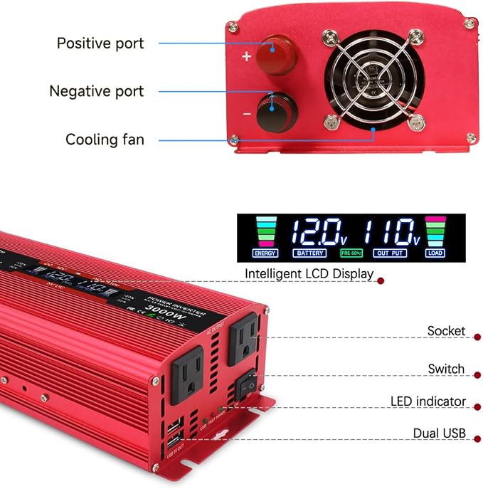 Yinleader Power Inverter 2000W DC 12V to 110V AC Car Converter with Intelligent LCD Display Dual AC Outlets Dual USB Charging Port for for RV Truck Laptop(Red)