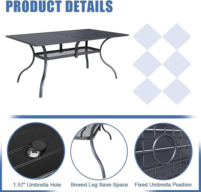 Crownland 7 PCS Furniture Patio Dining Set, 6 Stackable Metal Chairs, and Rectangular Outdoor Dining Table with Khaki 9FT Round Outdoor Umbrella (Metal Tabletop)