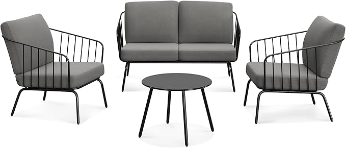 East Oak 4-Piece Plaza Patio Furniture Set, Outdoor Furniture with Thick Cushion Sofa and Coffee Table, Modern Patio Conversation Set for Balcony, Poolside and Yard, Black & Grey