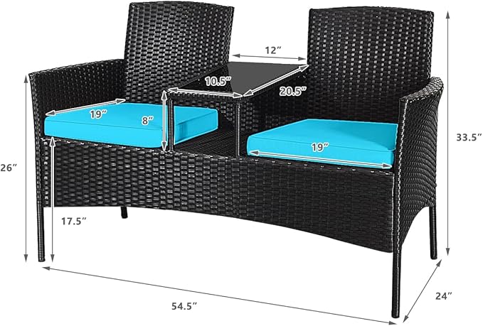 COSTWAY 2-Seat Patio Conversation Sets, Outdoor Patio Loveseat Set with Removable Cushions & Built-in Coffee Table for Backyard, Garden, Lawn, Balcony, Brown+Turquoise
