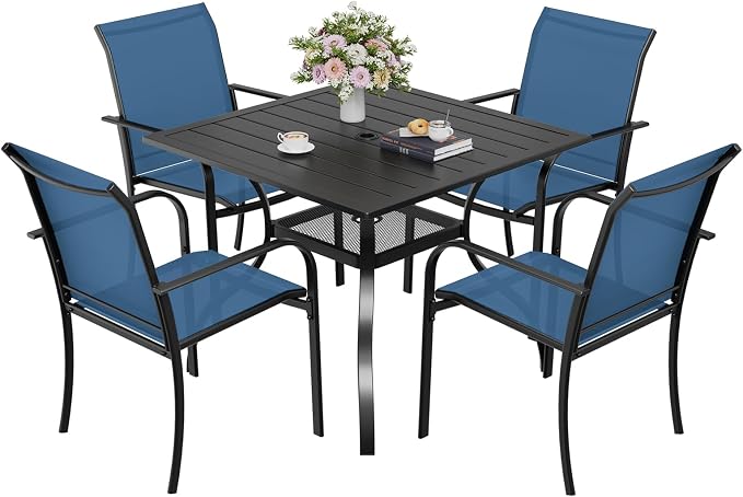 5-Piece Patio Dining Set,4 Person Outdoor Table and Chairs Set, 4 Metal Dining Chairs and Square Outdoor Table with 1.57" Umbrella Hole,Blue