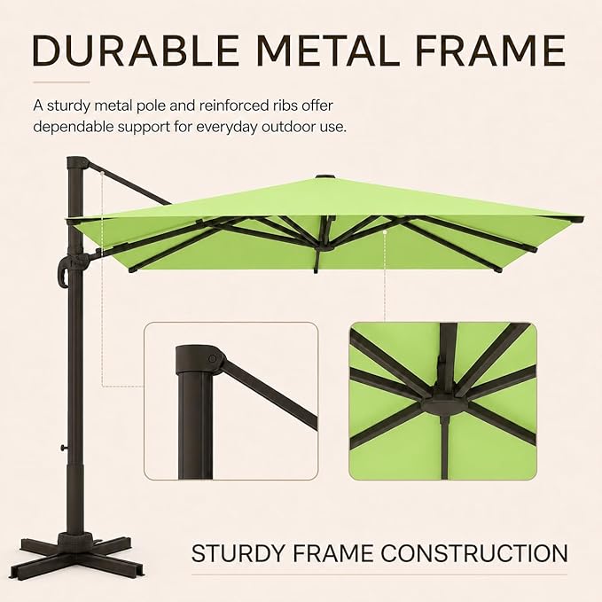 Kingdura 10' X 10' Cantilever Patio Umbrella with Base Included, Large Square Aluminum Outdoor Offset Umbrella with 360-degree Rotation, 4 Position Tilt, UV Protection for Pool Deck Garden Patio (Apple green)