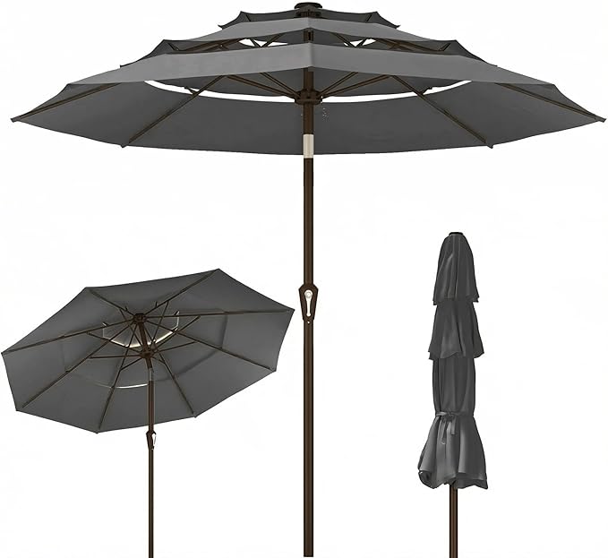 Kingdura 9ft 3-Tier Patio Umbrella, Outdoor Table Umbrella with Easy Crank & Tilt, 8 Reinforced Ribs, UV Protection for Deck, Pool, Market, Backyard (Grey)