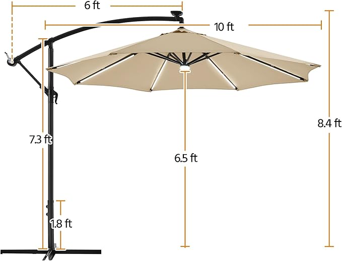Yaheetech 10 FT Solar Powered LED Patio Umbrella Outdoor Cantilever Umbrella, UV Protection & Windproof, Offset Hanging Sunshade w/Strip Lights & Hub Light for Backyard Garden Pool
