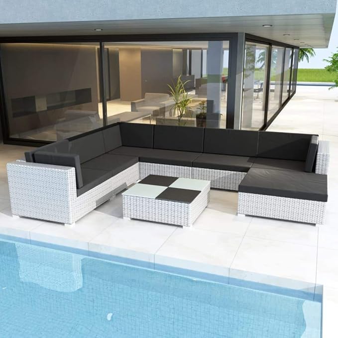 8 Piece Patio Lounge Set with Cushions, Front Porch Furniture Outdoor Sofa Sets Patio Conversation Set Sectional Sofa for Poolside Piazza Negotiation Area Garden Poly Rattan White