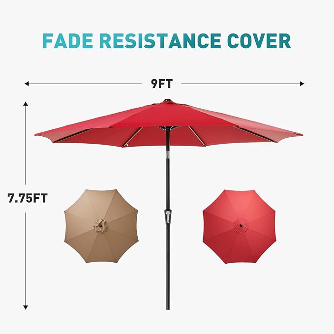 OLIXIS 9FT Patio Umbrella with Tilt and Crank Button & Sturdy Ribs Waterproof, 9Feet Patio Table Umbrella Perfect for Poolside, Terrace, Beach and Outdoor Restaurant