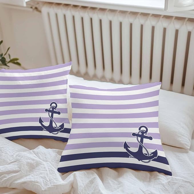 Throw Pillow Covers 20x20 Inch Set of 2, Anchor Purple Waterproof Outdoor Cushion Covers, Modern Navy Blue White Striped Nautical Decorative Pillowcases for Couch, Sofa, Bed, Garden, Patio