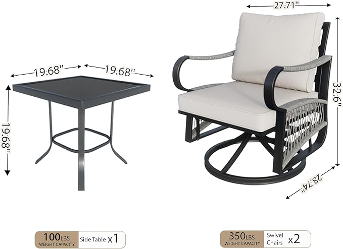 3 Pieces Glider Rocking Chairs, Outdoor Swivel Rocker Chairs with Thick Cushion, Patio Bistro Furniture Set with Side Table, Rope Conversation Sets for Porch Balcony Backyard Deck, Beige Cushions