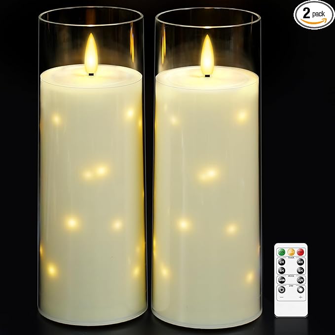 kakoya 11" x 4" Large Outdoor Waterproof Flameless LED Candles with Remote and Timer,Acrylic Pillar Candles Battery Operated with Embedded Star String for Porch,Patio,Outdoor Decor,Set of 2(Ivory)