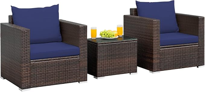 RELAX4LIFE 3-Piece Wicker Bistro Set - Outdoor Patio Rattan Sofa Set w/Washable Cushions & Tempered Glass Coffee Table, Conversation Furniture Set for Backyard, Porch, Garden & Poolside (Navy Blue)