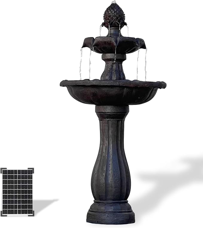 XBrand 44" Solar Outdoor Water Fountain 2-Tier Fiberglass/Resin with Solar Panel Pump, Auto Shut-Off, Weather-Resistant, Dark Brown